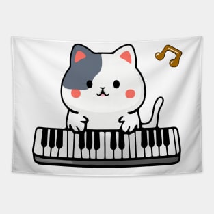 Kawaii Cute Cat Playing Piano Keyboard Tapestry