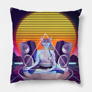 Vaporwave Cat Meditates in Chill Listening to Lo-Fi Music Pillow