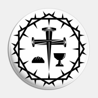 A cross made of nails, symbols of Holy Communion framed by a crown of thorns. Pin
