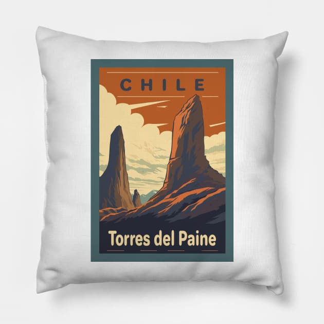 Torres del Paine, National park, Chile, Travel Poster Pillow by BokeeLee