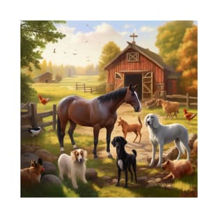 Horse and Dogs Farm Scene T-Shirt