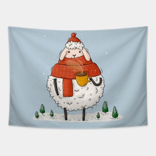 Cozy fluffy winter sheep with coffee Tapestry