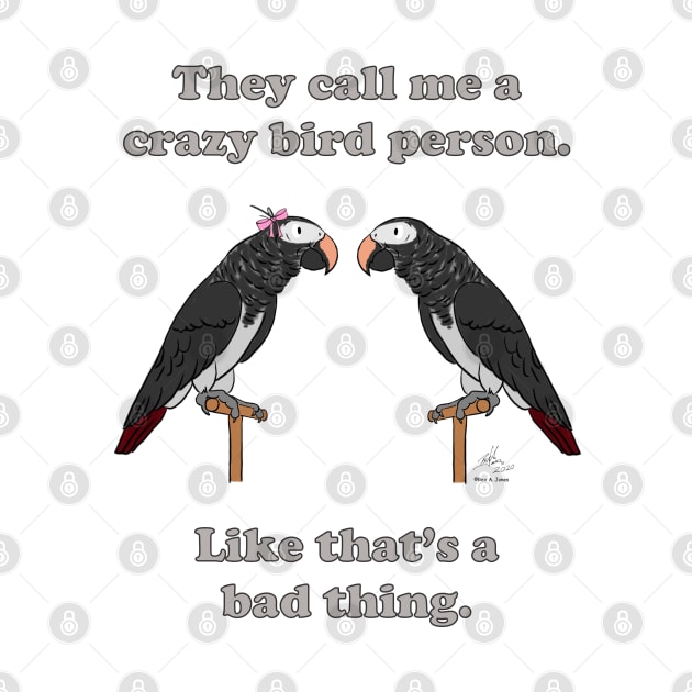 Crazy Bird person with African Grey Timnehs by Laughing Parrot