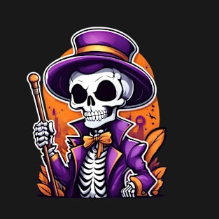 A skeleton wearing a purple hat and holding a stick T-Shirt