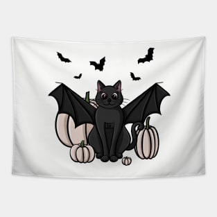 Cute Black Cat in a Bat Costume With White Pumpkins Tapestry