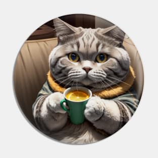 Tabby cat with cup of tea Pin