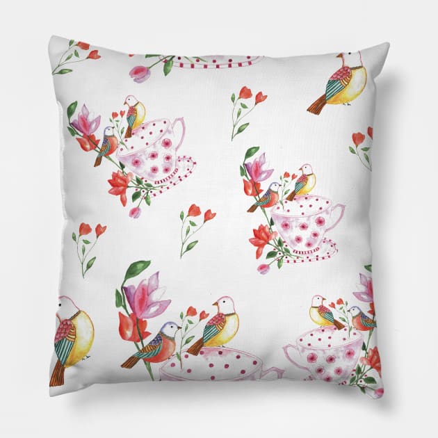 Flower tea cup and birds in watercolor Pillow by LatiendadeAryam