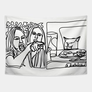 Woman Yelling at a Cat Meme Line Art Minimal Tapestry