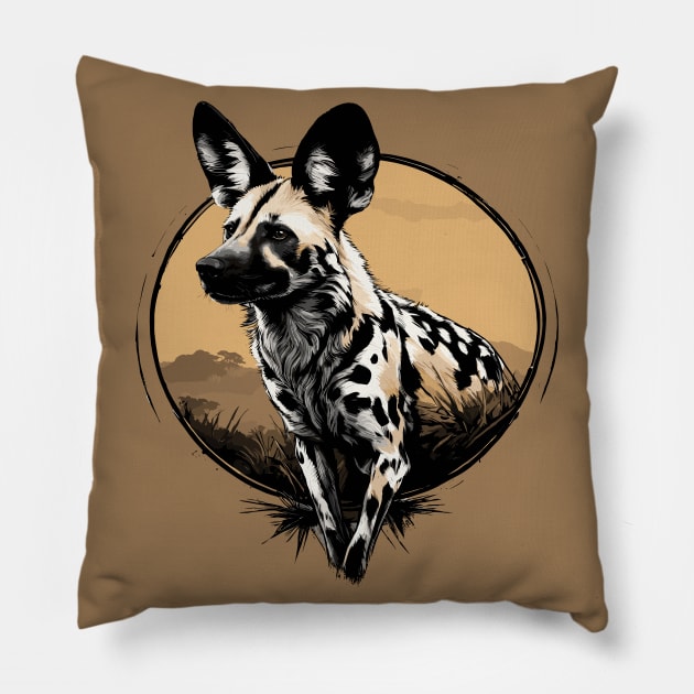 African Wild Dog Pillow by Ray Crimson