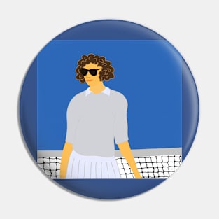 Illustration of a brown curly hair tennis player standing at the net Pin