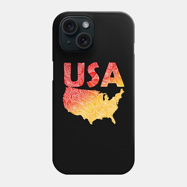 Colorful mandala art map of the United States of America with text in red and orange Phone Case by Happy Citizen