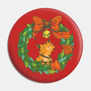 Orange Tabby Cat in a Holiday Wreath Pin