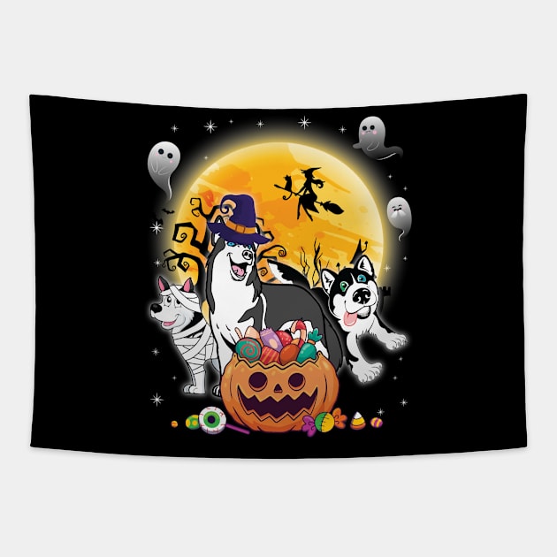 Alaskan Husky Dog Mummy Witch Moon Ghosts Happy Halloween Thanksgiving Merry Christmas Day Tapestry by joandraelliot