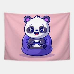 Cute Panda On Playing Game Cartoon Tapestry