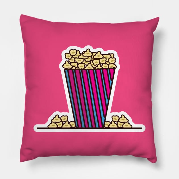 Popcorn In Popcorn Pack Sticker vector illustration. Movie cinema icon concept. Snack food. Big red blue strip box with popcorn sticker vector design with shadow. Pillow by AlviStudio