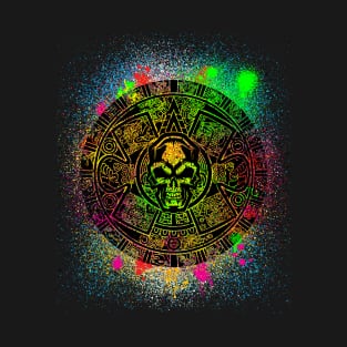 Spray Paint Aztec Calendar Skull - Graffiti Raving Design T-Shirt