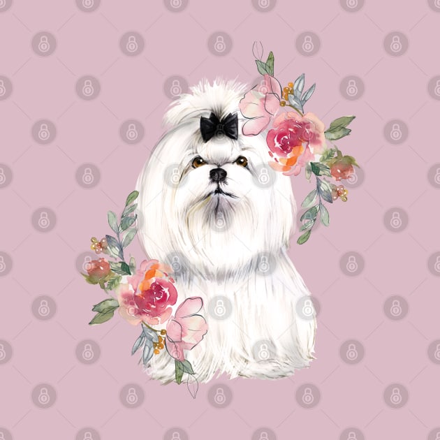 Cute White Shih Tzu with Flowers Watercolor Art by AdrianaHolmesArt