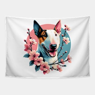 Miniature Bull Terrier Celebrates Spring Cherry Blossoms Tapestry