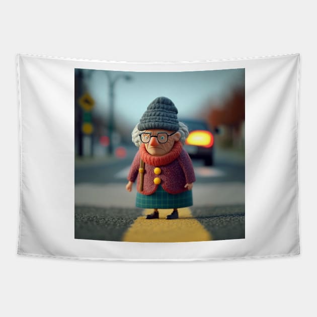 Clay Old Lady Crossing the Road 1 Tapestry by AstroRisq