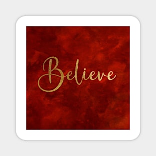 Believe Word Art in Gold Color Script Typography on red burgundy background Magnet