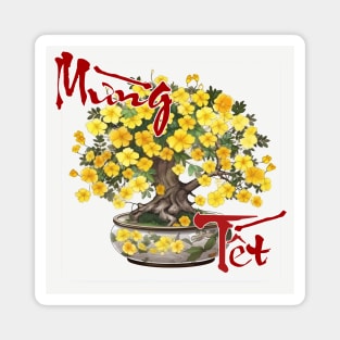 Mung Tet, Lunar New Year, Calligraphy + AI Art, Hoa Mai Magnet