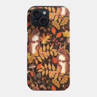 Autumn squirrels and autumnal flora on dark brown Phone Case