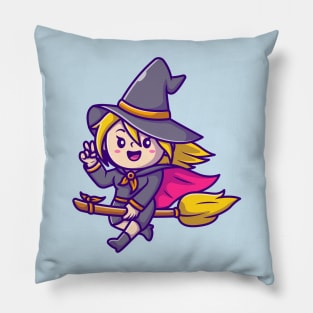 Cute Witch female Riding Magic Broom Cartoon Pillow