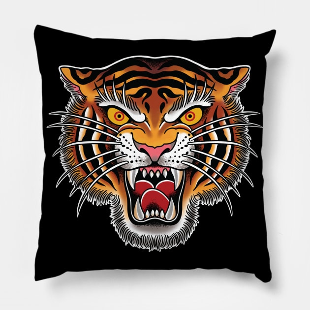 Tiger Head Tattoo Design Pillow by Seven Relics