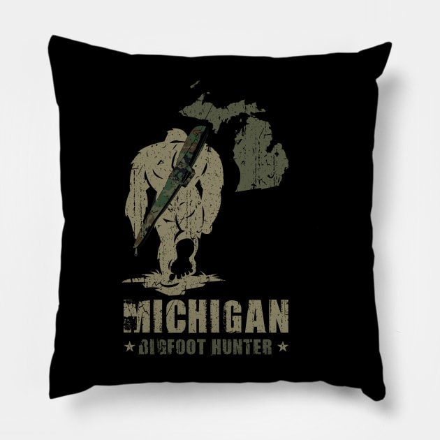 Michigan Bigfoot Hunter - Funny Sasquatch Pillow by Tesszero