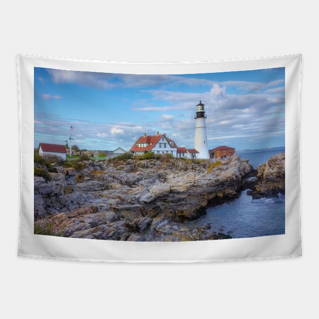 Portland Head Lighthouse Maine Rugged Landscape Tapestry by Debra Martz