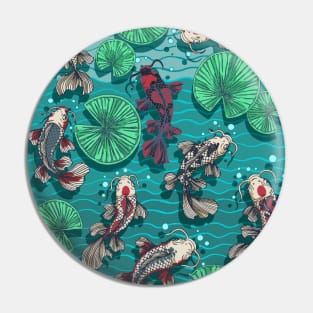 Eight Japanese Koi Fish Pond Retro Teal Colors Pin