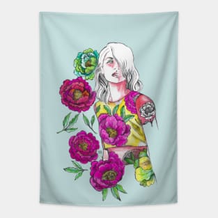 Woman With White Hair - Fashion Illustration with Pink Flowers. Tapestry