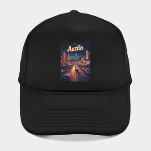 Experience the lively atmosphere of downtown Austin at night, where classic cars cruise past retro neon signs, inviting visitors to enjoy Hat