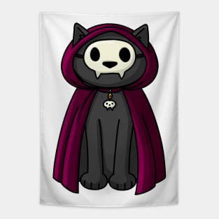 Black cat in robe and skull mask Tapestry