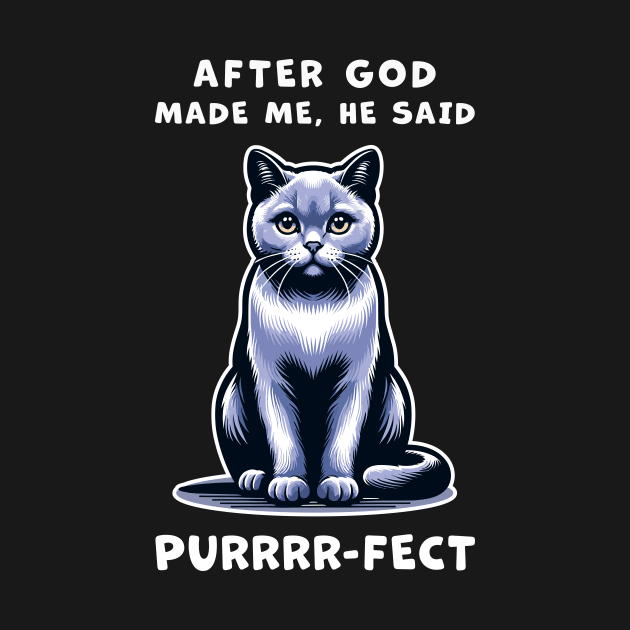 Grey cat funny graphic t-shirt of cat saying "After God made me, he said Purrrr-fect." by Cat In Orbit ®