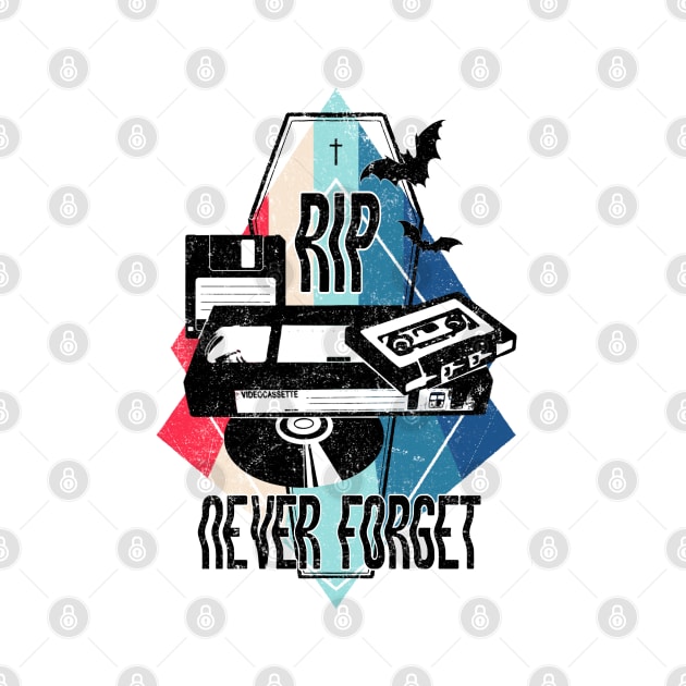 Never Forget - Rest in Peace CD, VHS, DISK and CASSETTE, Vintage, Retro oldies design, by SSINAMOON COVEN