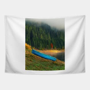 Wooden blue boat ashore autumn colors Tapestry