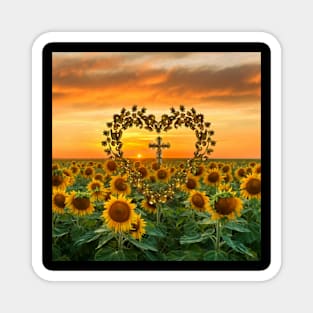 Sunflower Field Sunset Heart Frame Around Cross, Romantic Nature Photography Art Magnet