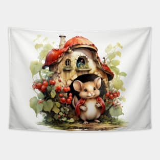 Mouse wearing red shawl  Mushroom House Tapestry