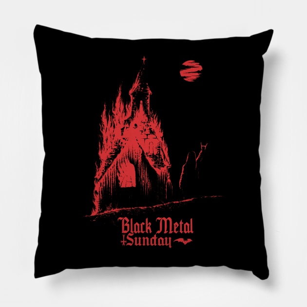 Black Metal Burning Church (red version) Pillow by wildsidecomix