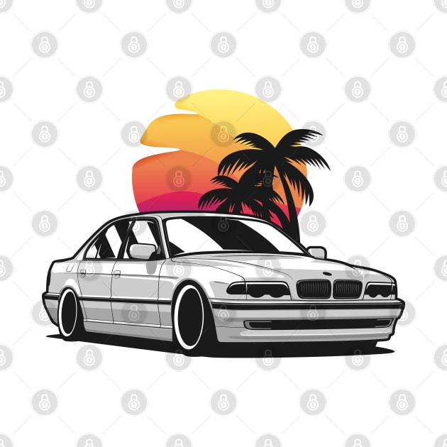 White E38 classic saloon in sunset by KaroCars