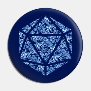 Delft Blue Gradient Rose Vintage Pattern Silhouette D20 - Subtle Dungeons and Dragons Design Pin