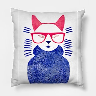 Pink Blue Hipster Cat Retro Poster Vintage Art Cat Wall Blue Pink Illustration Pillow