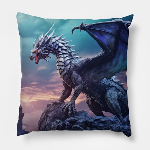 Dragon Animal Creature Fantasy Colorful Realistic Illustration Pillow by Cubebox