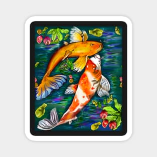 Best fishing gifts for fish lovers 2022. Koi fish pair couple swimming in koi pond with plants and flowers Magnet