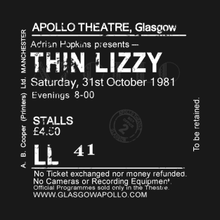 THIN LIZZY Saturday October the 31st 1981 (postponed until the 6th of December 1981 ) Glasgow Apollo UK Tour Ticket Repro T-Shirt