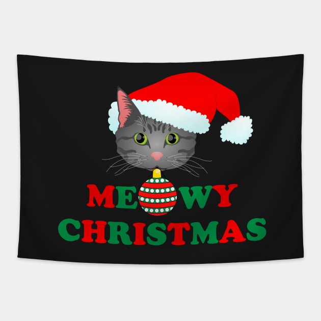 Meowy Christmas 2: Grey Tabby (Red and Green) Tapestry by ziafrazier