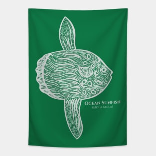 Ocean Sunfish or Mola with Common and Latin Names - fish drawing Tapestry