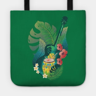 Retro guitar with drum and tropical leaves Tote