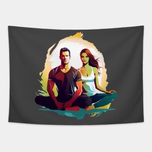 man and woman practicing yoga Tapestry